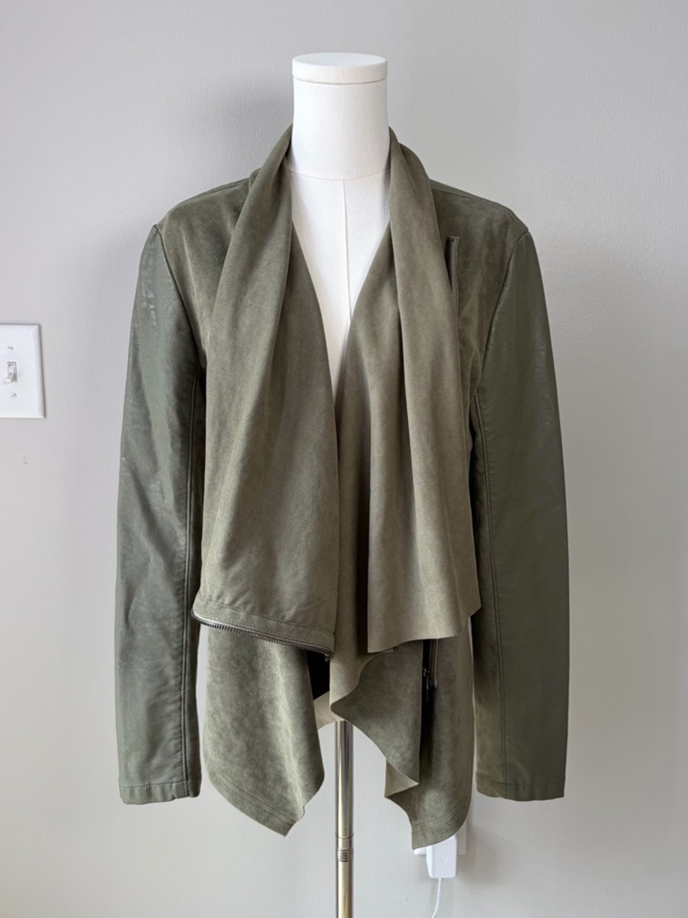 Blank NYC Green Sunny Days Faux Suede Asymmetrical Drape Jacket